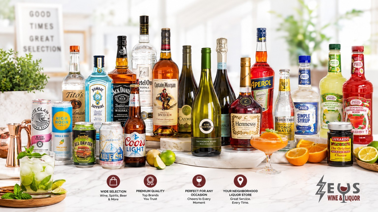 Liquor, wine, beer and mixer products